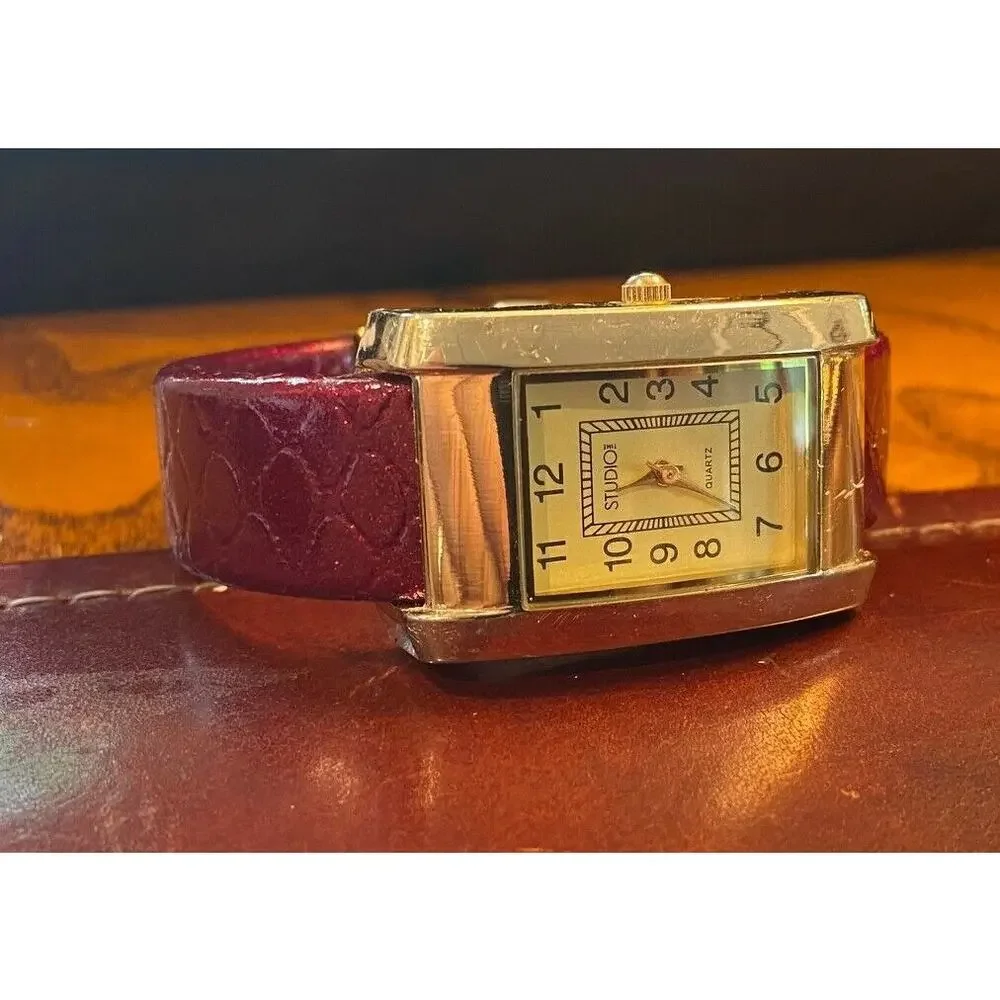Women's Studio Time Gold Tone Watch, Red Bangle Bracelet Band